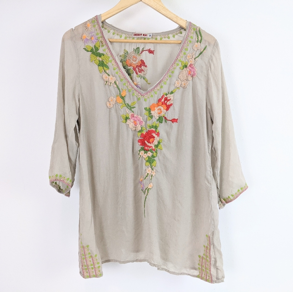 Embroidered Floral Johnny Was Tunic Blouse